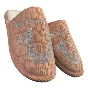 True Religion Rhinestone Horseshoe Slippers Blush Corduroy Y2K Size M 6.5-7.5